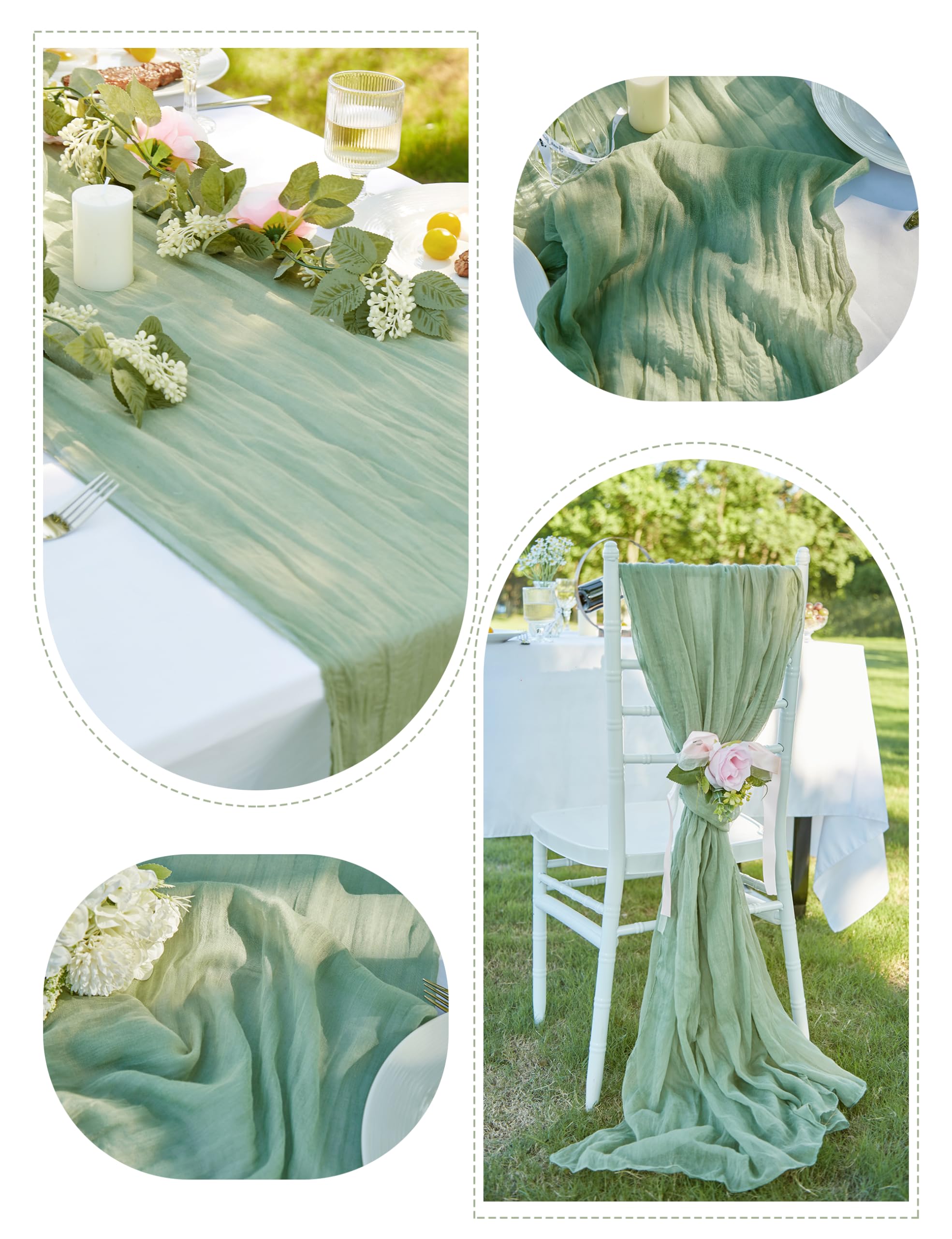 FUANGUI 6 Pack 35x120 Inches Sage Green Cheesecloth Table Runner 10Ft for Baby Shower Wedding Birthday Fall Decoration, Boho Gauze Fabric Rustic Sheer Romantic Cheese Cloth Table Runner