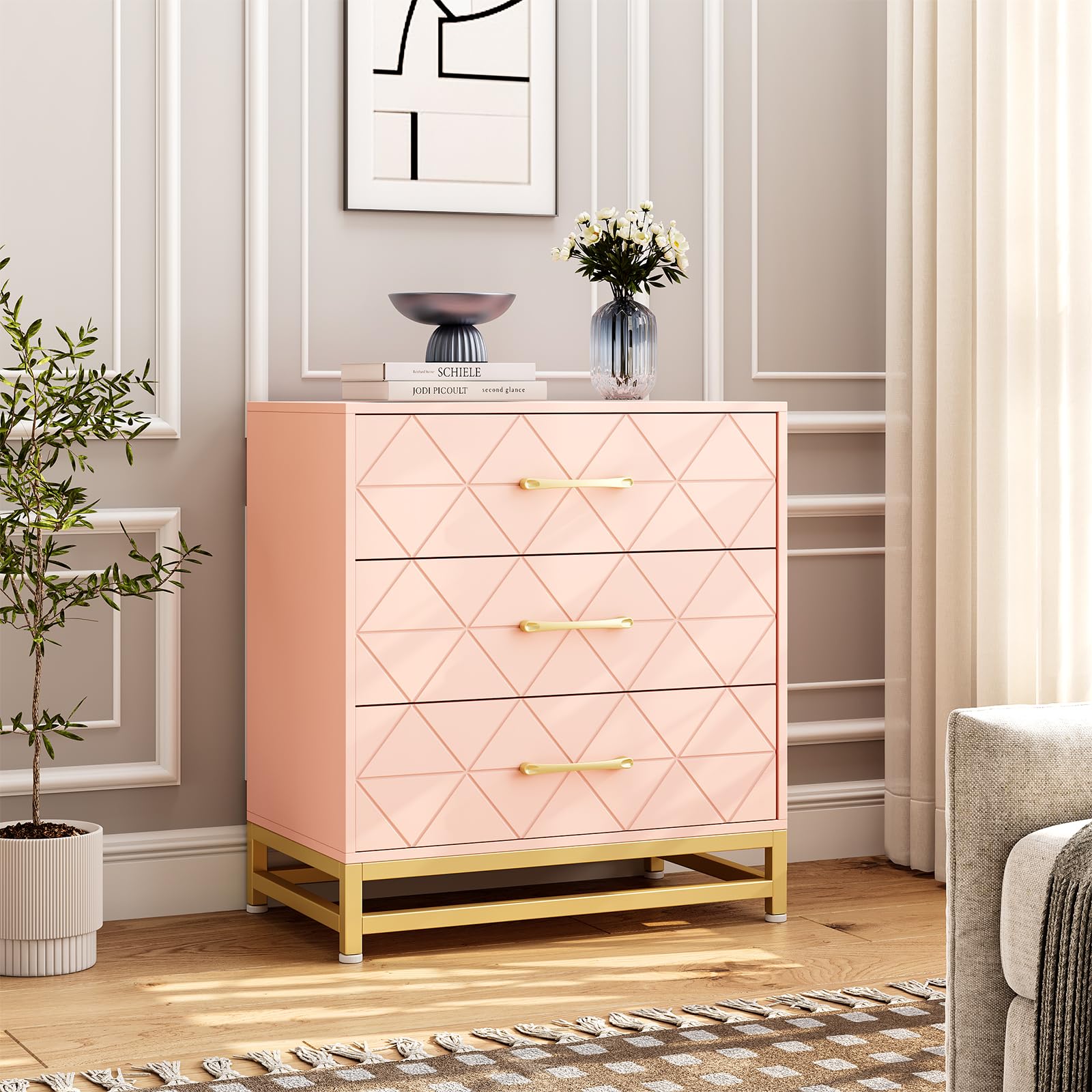 GarveeHome 3 Drawer Dresser, Wood Chest Drawers with Storage for Closet, Bedroom, Drawers Dresser Modern Bedside Nightstand with Gold Handles, Pink