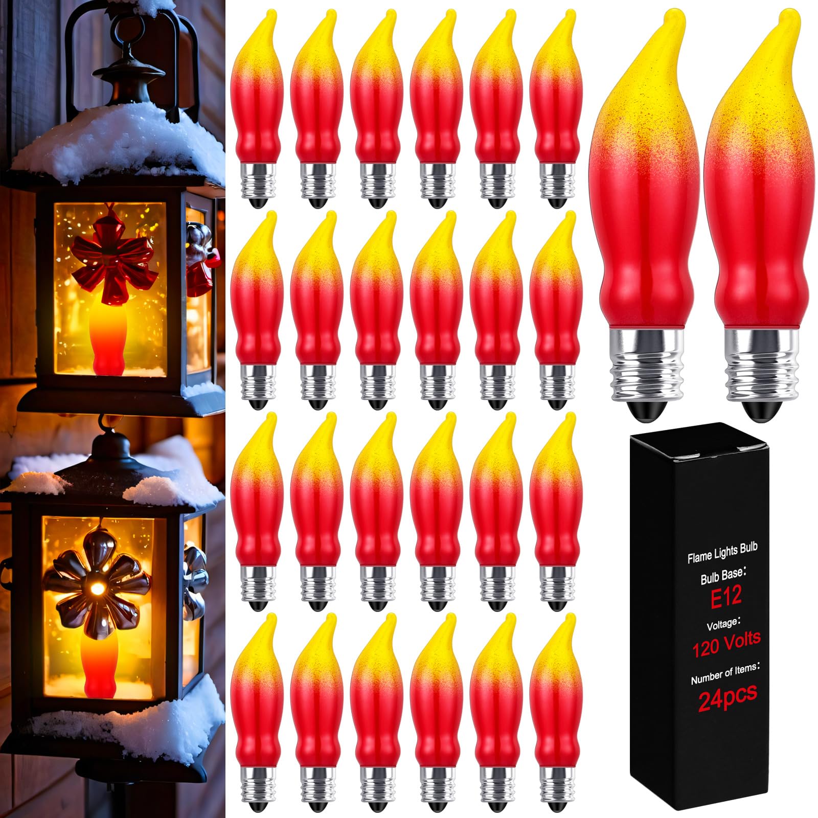 Glooglitter 24 Pcs Christmas Flame Lights Bulb Red Yellow Christmas Light Bulbs E12 Candelabra Bases Flame Shape Night Light Bulbs for Halloween Christmas Candle Light, Chandelier,7 Watt, 120 Volt