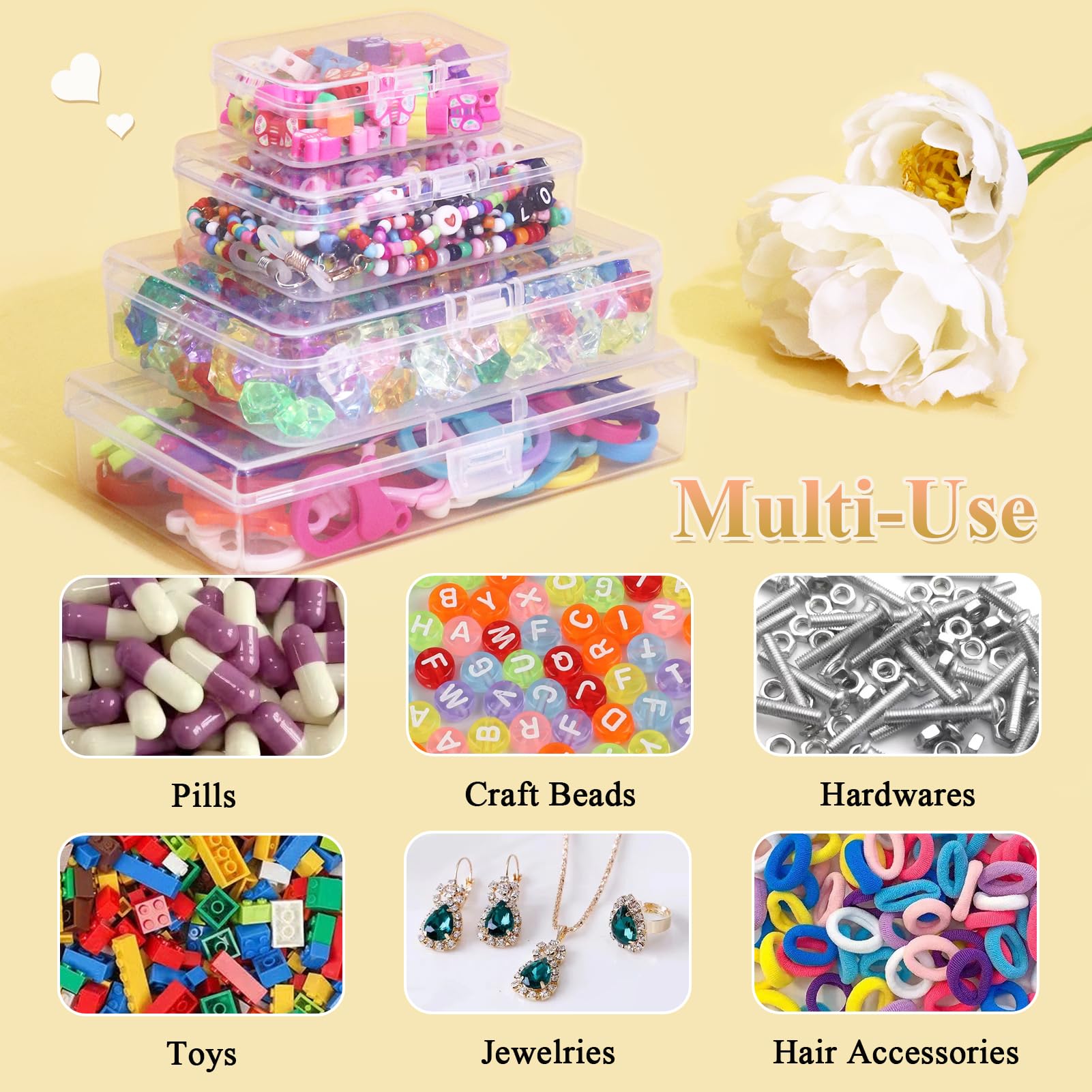 FAMLEAF 4 Pieces Clear Storage Boxes, Plastic Organizer Bins with Lids for Bead, Crafts, Earring Jewerly, Diamond Painting, Small Items (2.55 x 2.55 x 1.49 Inch)