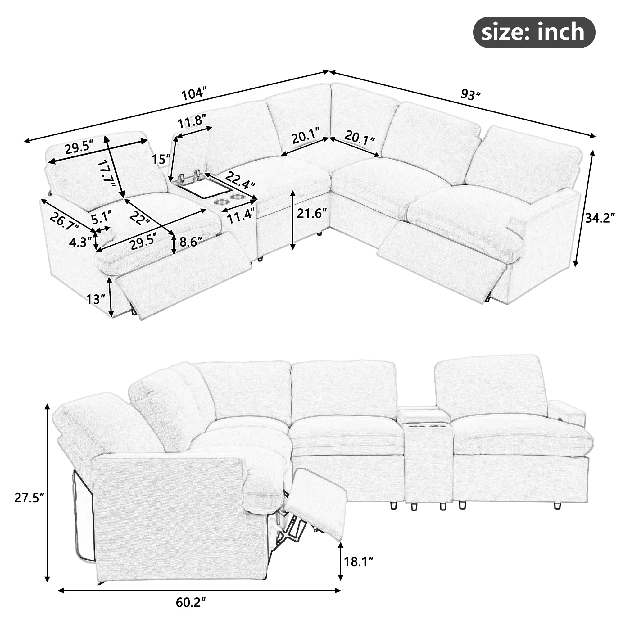 LIANGFU 104''Power Recliner Corner Sofa, Home Theater Reclining Sofa, L Shape Sectional Couches, Sectional Couches with Storage Box, Cup Holders, USB Ports and Power Socket for Living Room (Beige)