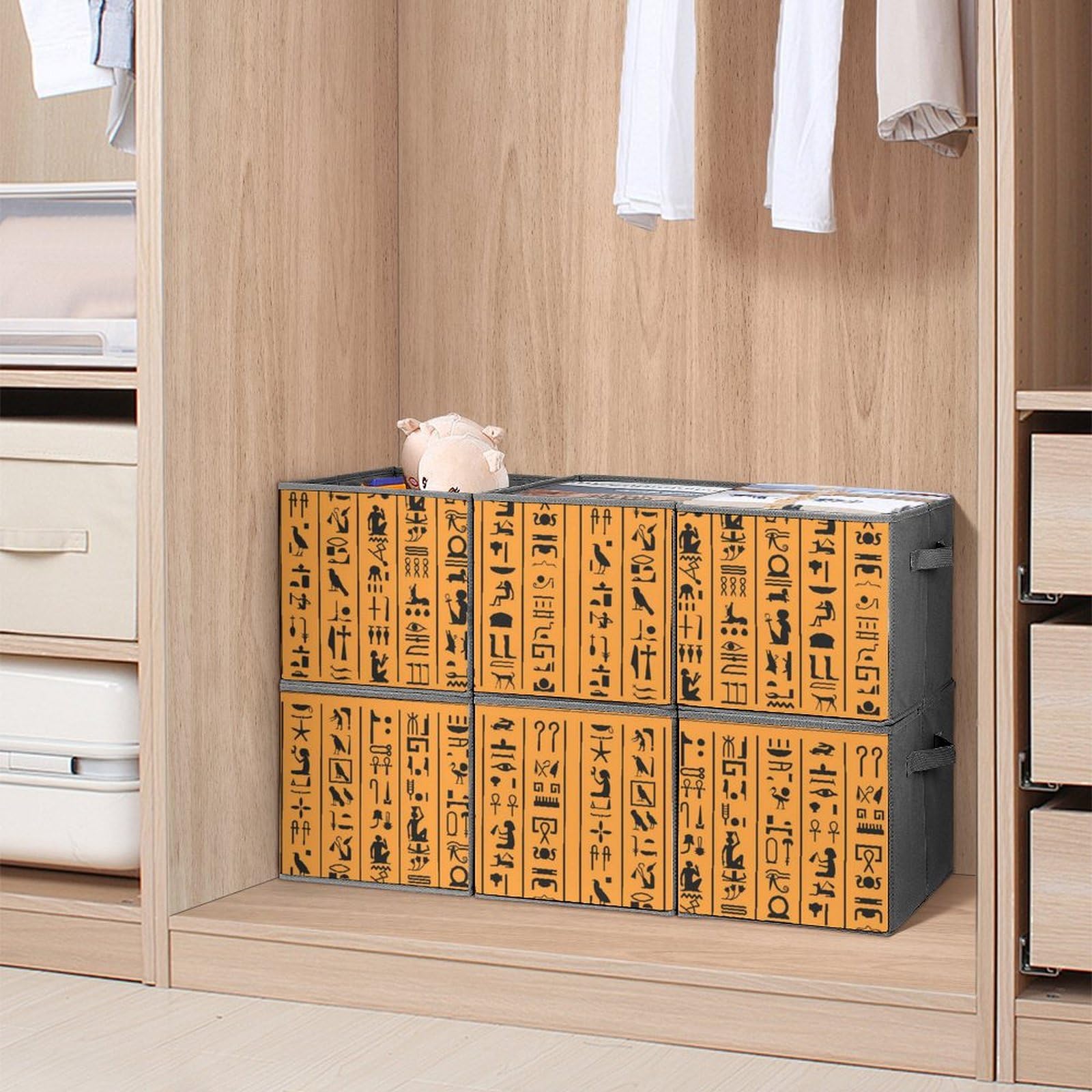 Egyptian Hieroglyphs Or Ancient Egypt Letters Collapsible Storage Cubes 6 Pack Cube Storage Bins with Handles 10.6"x10.6"x10.6" Closet Organizers for Shelves