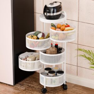 Makamsui Rotating Storage Shelves Rack for Kitchen, 5-Tier Fruit Vegetable Basket Shelf Organizer on Rolling Wheels for Fruit Vegetable Grocery Corns Potato Onion, Mobile Utility Cart for Living Room