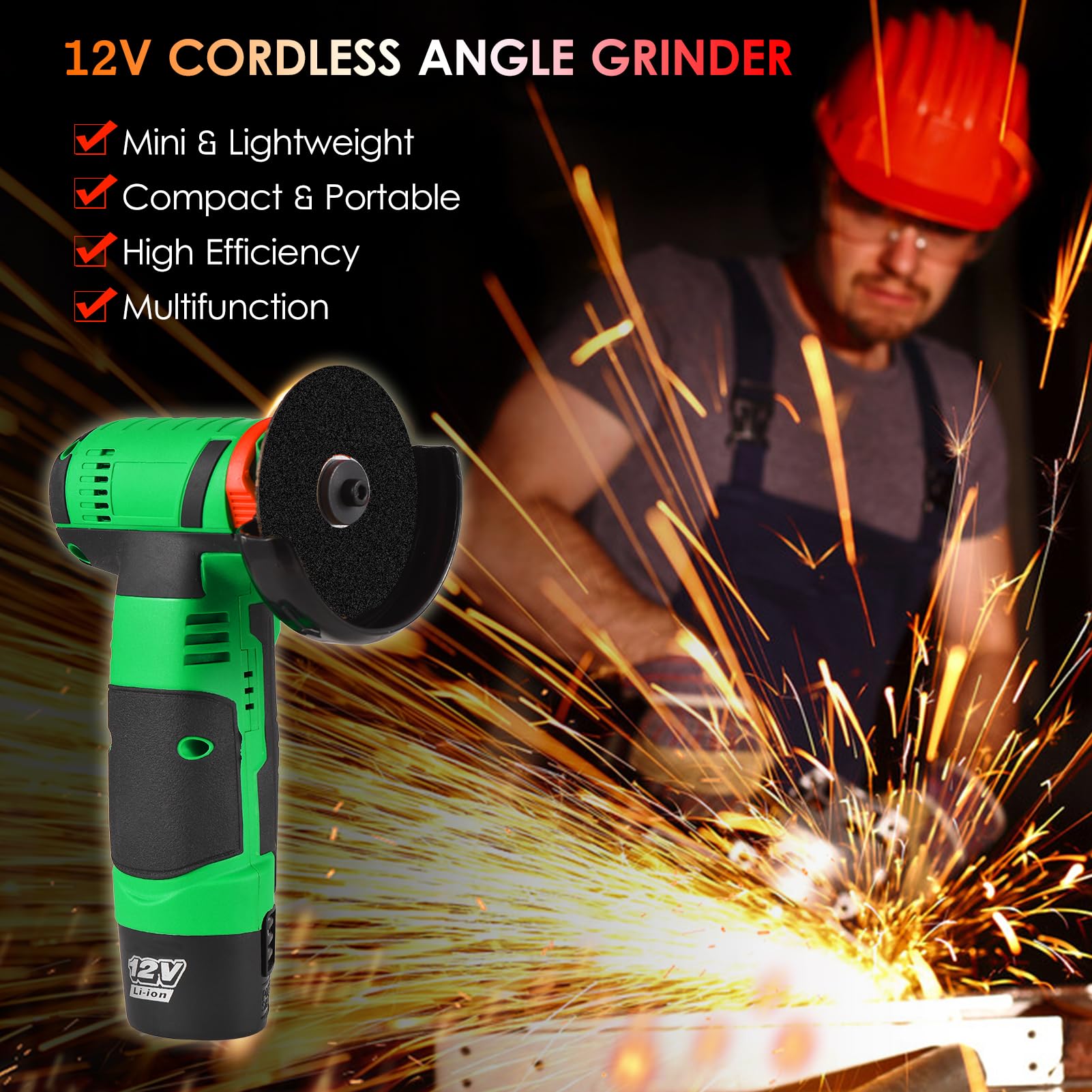 12V Cordless Angle Grinder Tool Kit, Portable Lithium Electric Angle Grinder, 19500rpm Mini Rechargeable Power Cutter with 2pcs Batteries 2pcs Grinding Discs