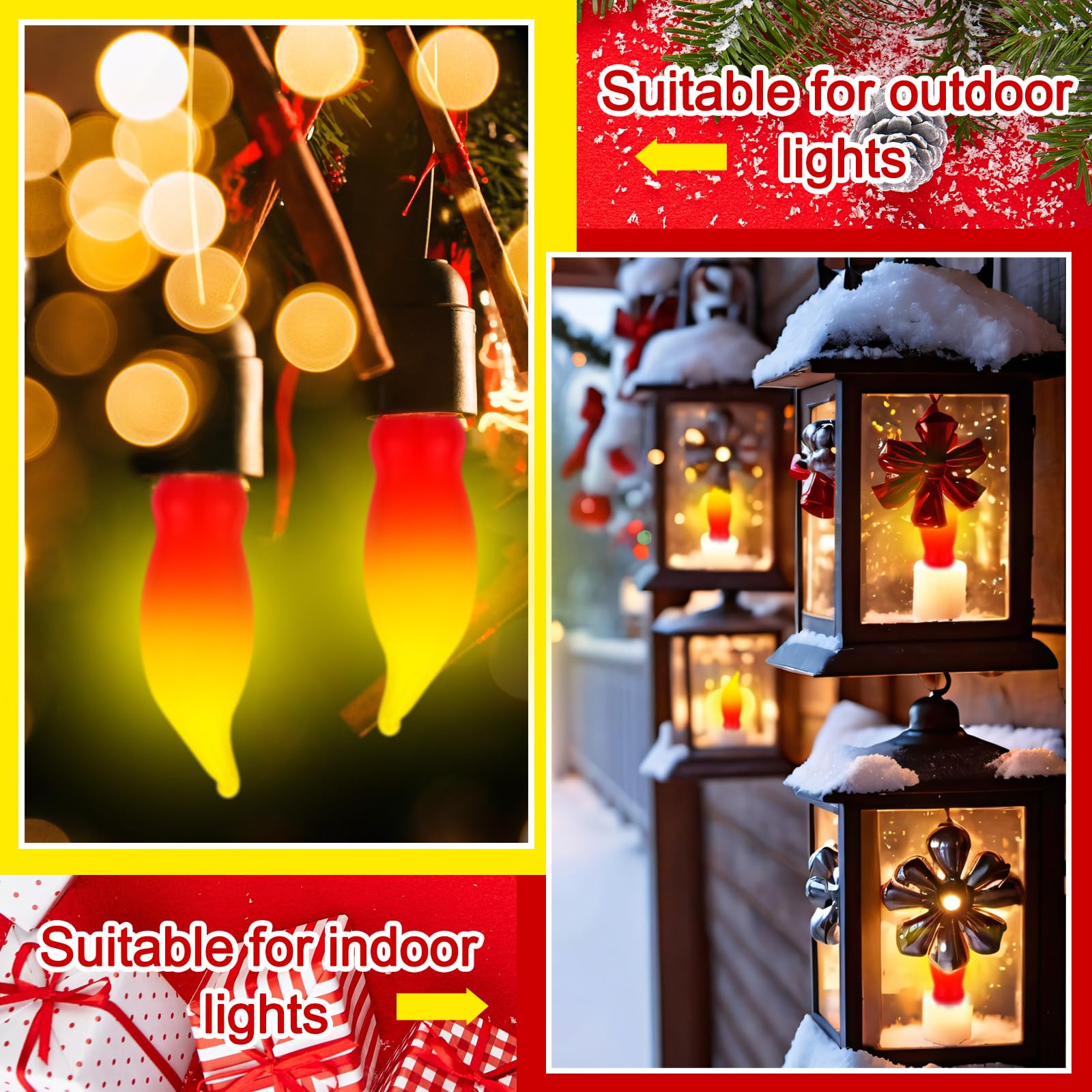 Glooglitter 24 Pcs Christmas Flame Lights Bulb Red Yellow Christmas Light Bulbs E12 Candelabra Bases Flame Shape Night Light Bulbs for Halloween Christmas Candle Light, Chandelier,7 Watt, 120 Volt