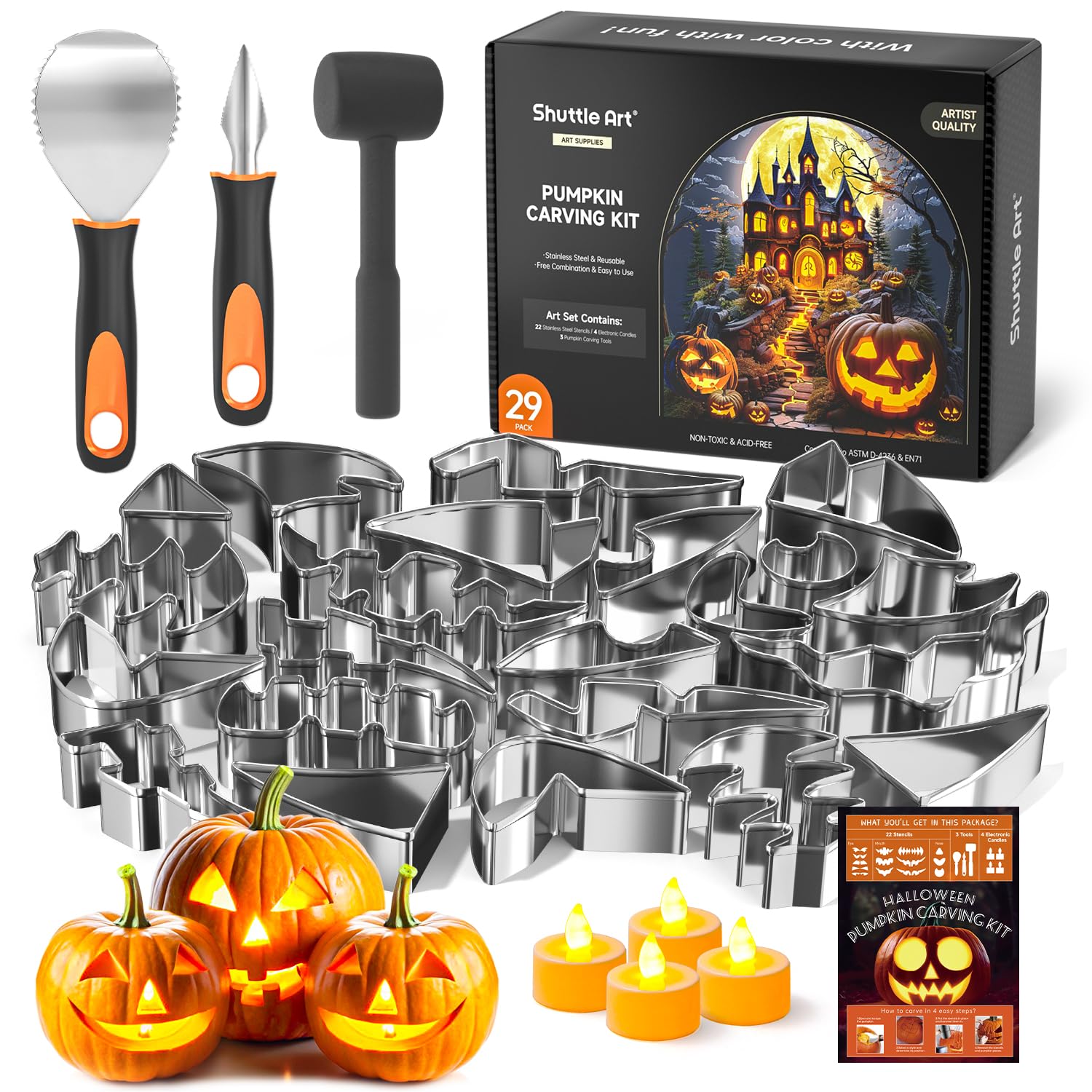 Shuttle Art 29PCS Halloween Pumpkin Carving Kit, 22 PCS Stainless Steel Pumpkin Carving Stencils with 4 Electronic Candles & 3 Carving Tools, Easy Safe Fun and Durable for Kids Adults Pumpkin Carving