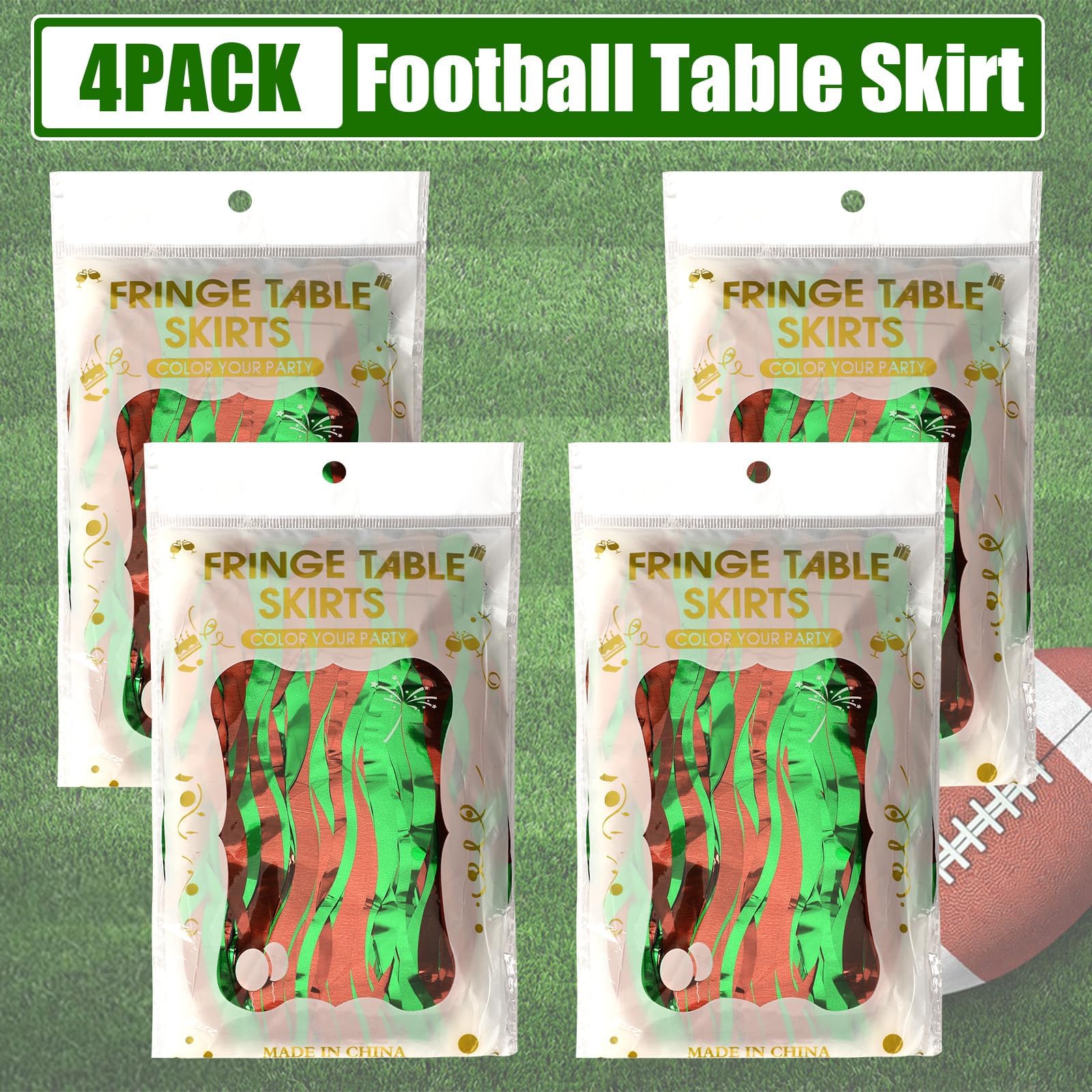 DTOFOOT 4 Pack Football Party Table Skirt Decorations, 30x108 Inch Foil Fringe Tinsel Table Skirts Football Tablecloth Table Cover for Football Birthday Party Decorations Sports Theme Party Supplies