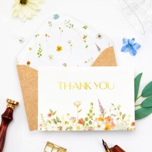 Crisky Gold Foil Wildflower Thank Cards with Envelopes 50 Pack bulk 4x6 Inch Kraft envelopes Flower Greeting Cards with Envelopes For Baby Shower, Wedding, Bridal Shower, Graduation