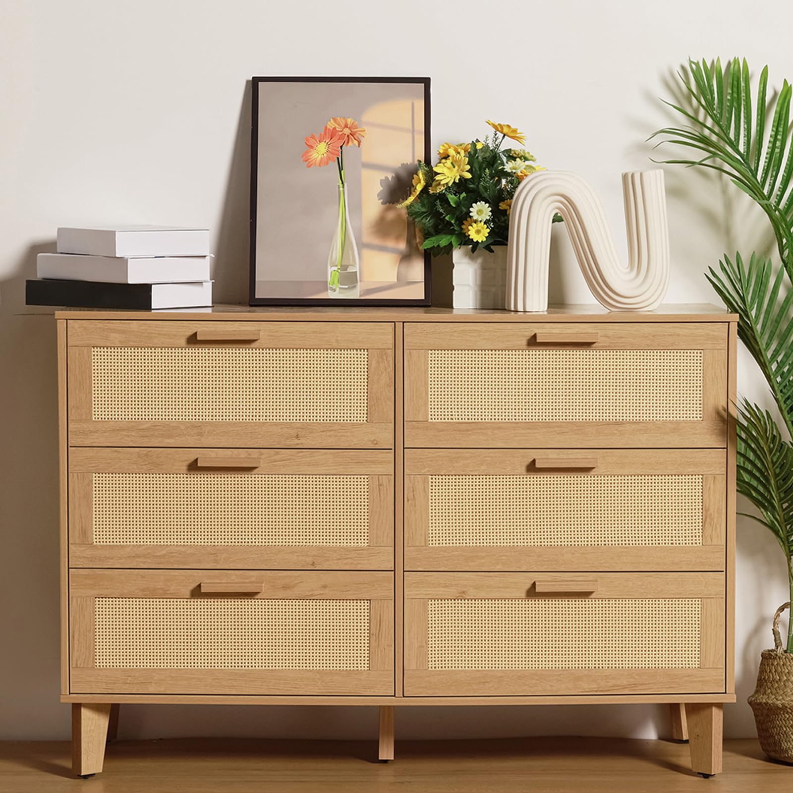 XDliv Rattan Dresser, 6-Drawer Dresser for Bedroom, Double Dresser Rattan Storage Chest Unit Walnut