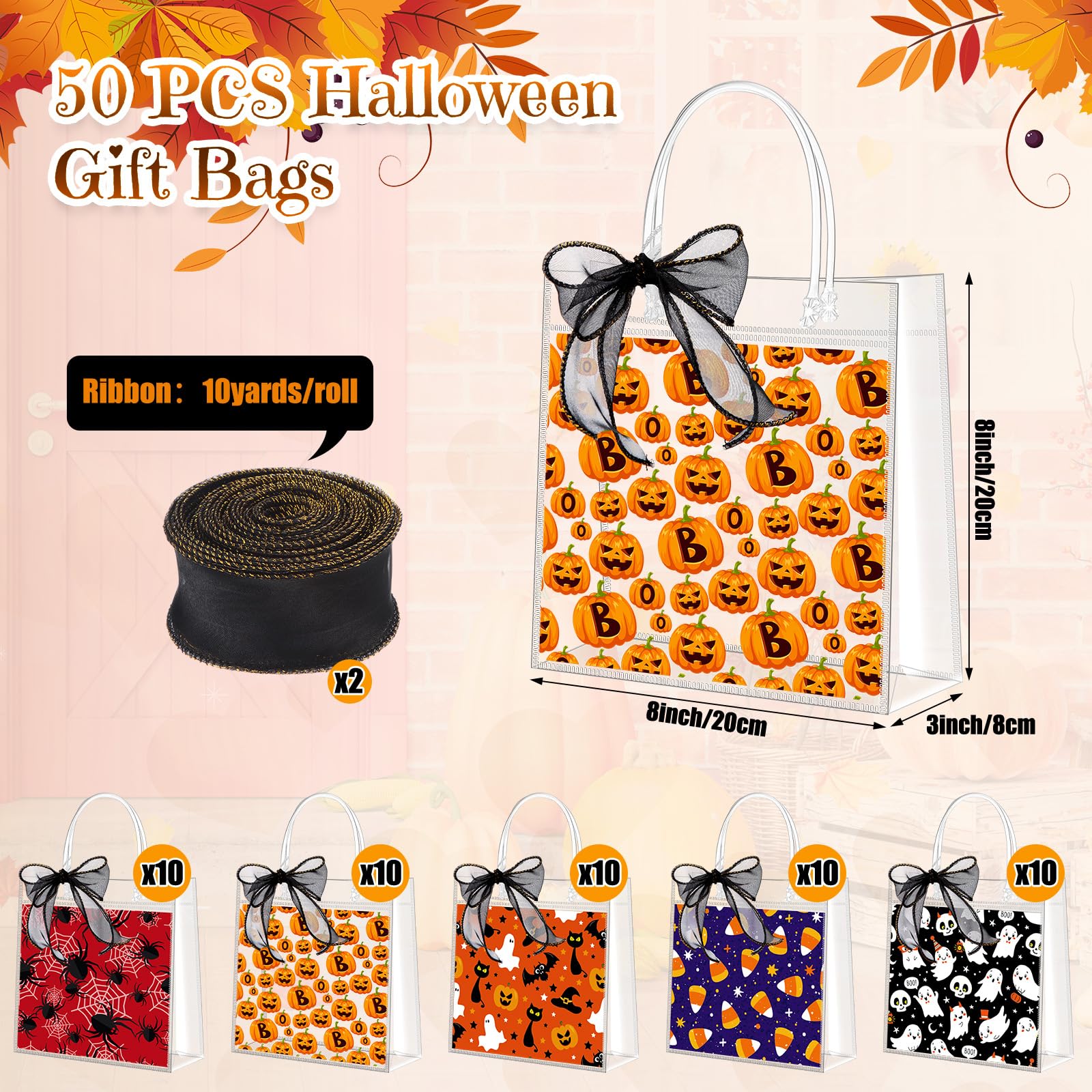 Hosuly 50 Pcs Halloween Clear Gift Bags with Handles Reusable Plastic Halloween Tote Bag Bulk Cute Treat or Trick Bags Pumpkin Boo Ghost Candy Bags with Ribbon for Halloween Party Favors Supplies