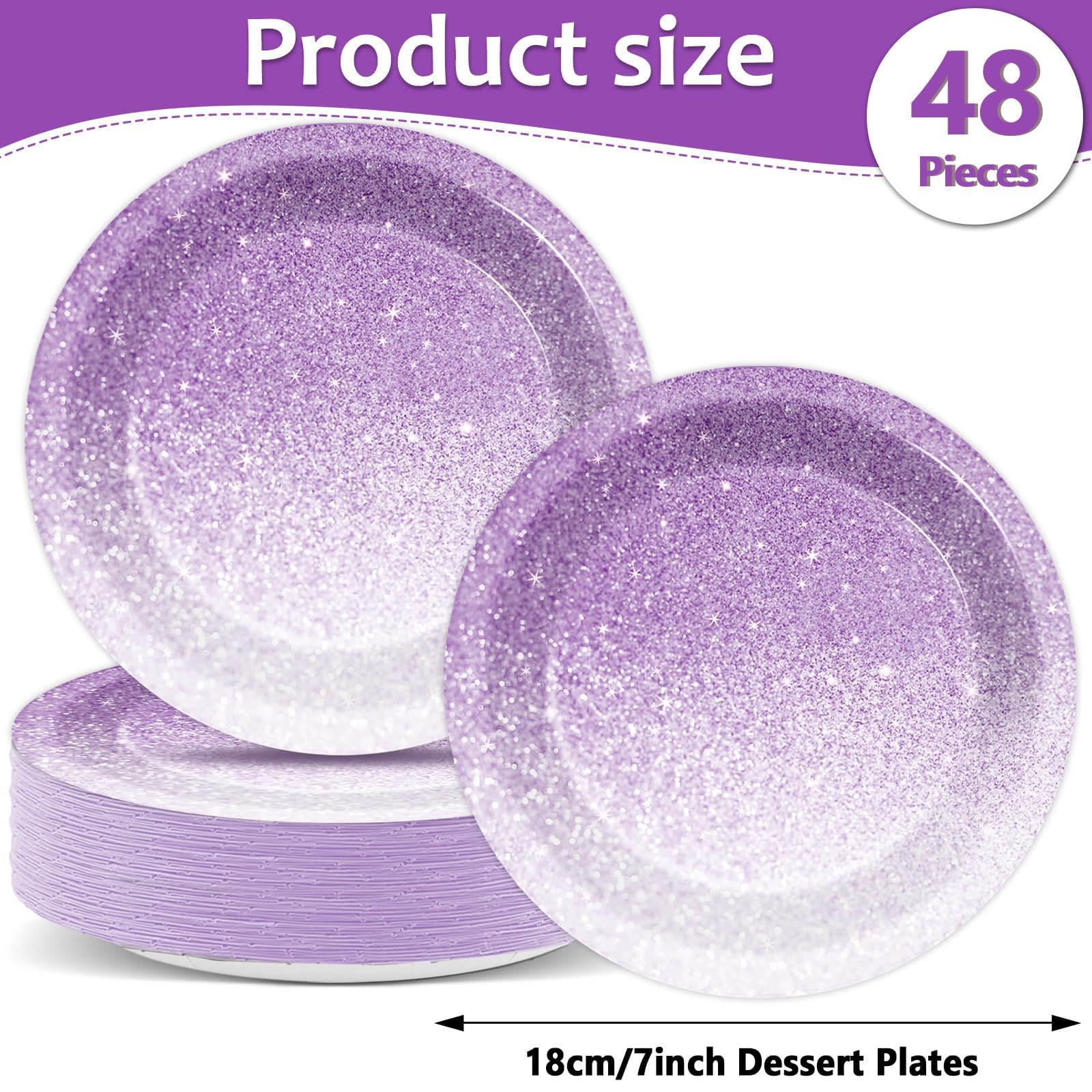 ZOIIWA 48PCS Ombre Purple Party Plates Gradient Pastel Purple Paper Plates Party Decorations Light Purple Sprinkle Dessert Plate Tableware for 48 Guests Women Birthday Wedding Tea Party Supplies