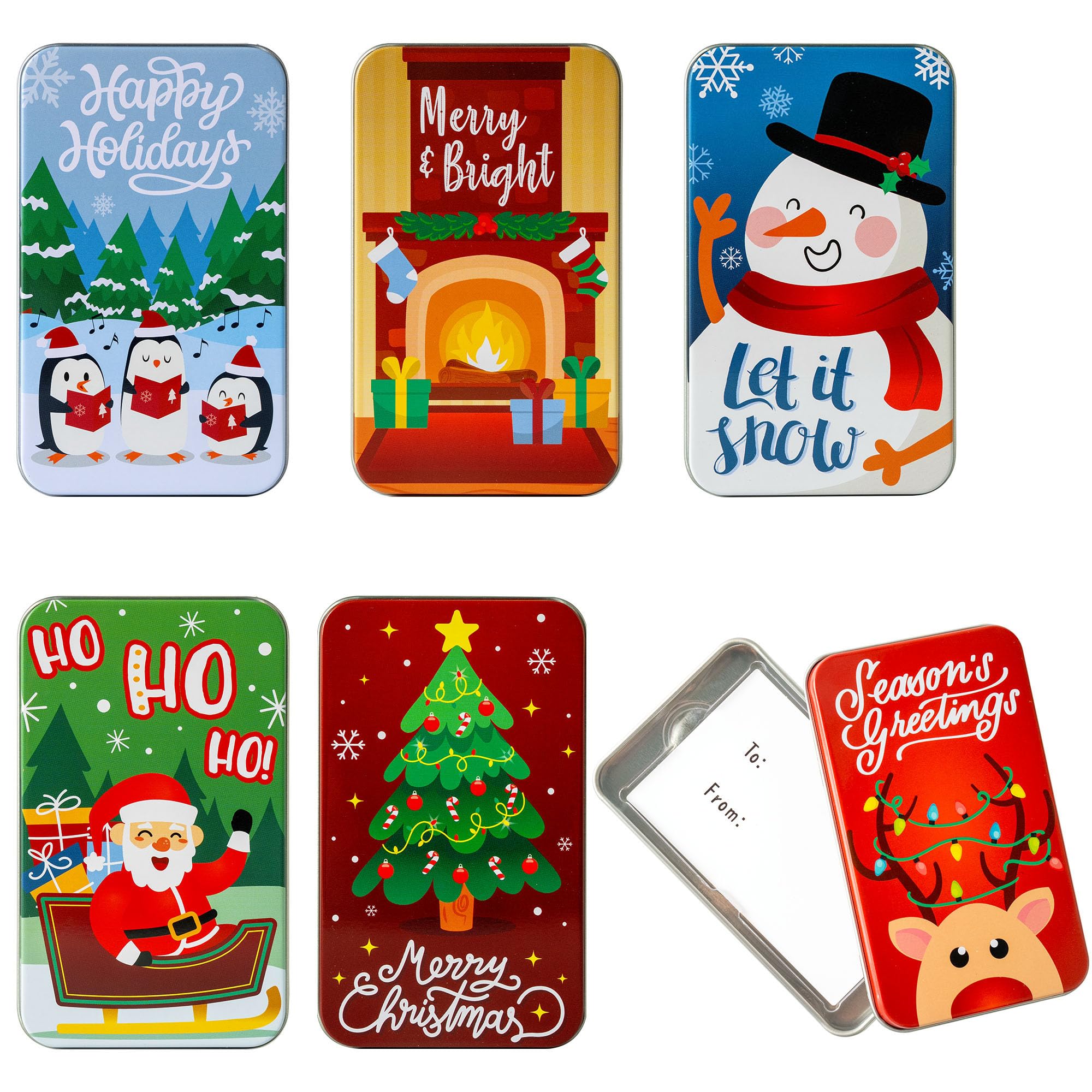 JOYIN 6PCS Present Card Holder Tin Boxes 4.33” x 2.6” x 0.6” Christmas Tins Holders for Christmas Holiday Decor, Xmas Party Box,6 designs