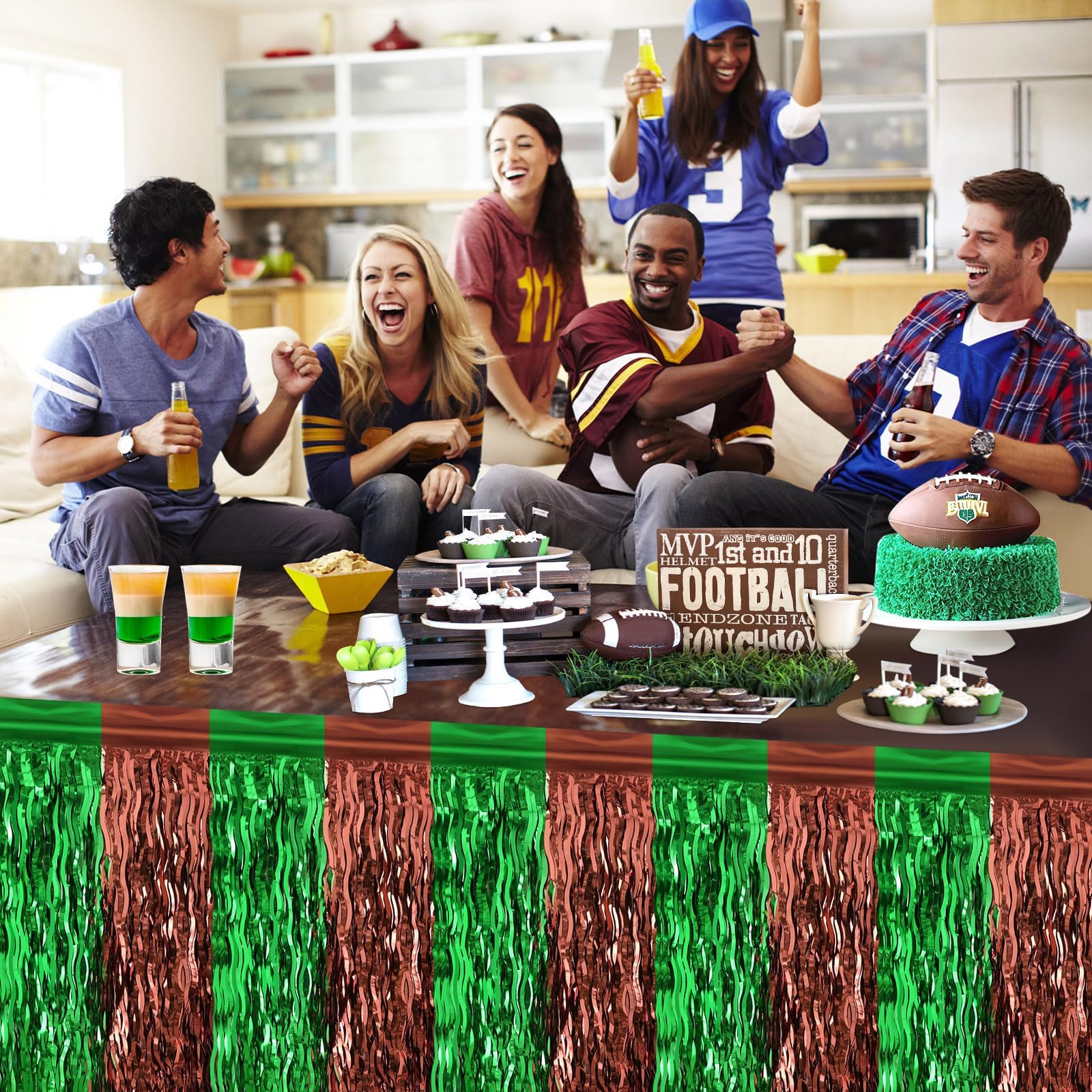 DTOFOOT 4 Pack Football Party Table Skirt Decorations, 30x108 Inch Foil Fringe Tinsel Table Skirts Football Tablecloth Table Cover for Football Birthday Party Decorations Sports Theme Party Supplies