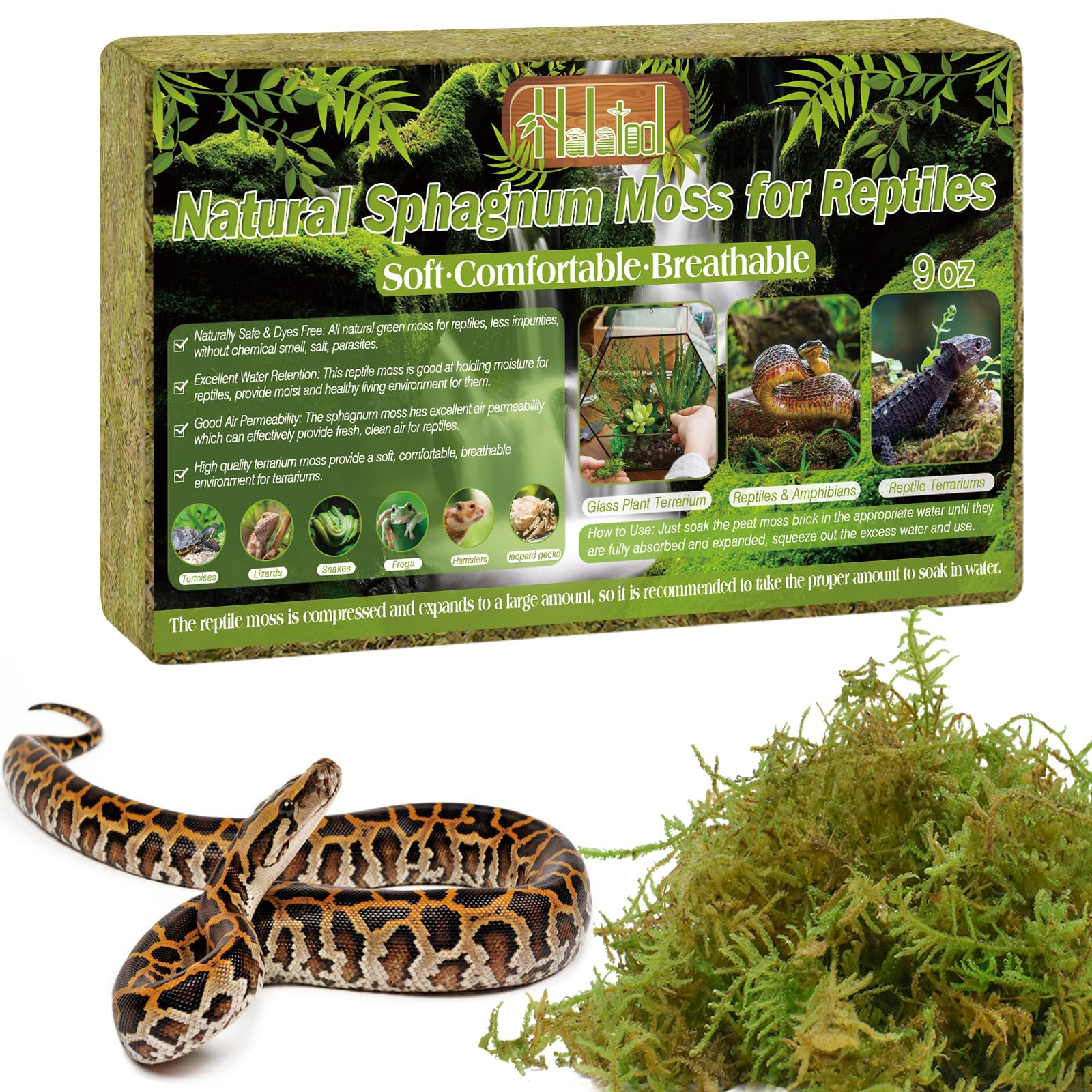 Halatool 9OZ Natural Sphagnum Moss for Reptiles Green Live Moss for Terrarium Plants Long Fiber Reptile Moss for Leopard Gecko Snake Hamsters Tortoises Frogs Lizards Salamanders