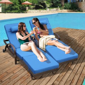 NOBLEMOOD Outdoor Lounge Chairs Set of 2 Beach Wikcer Chaise Lounge with Wheels, Cushion, Adjustable Backrest for Outside Pool Sun Shelf Tanning Bathing (Blue)