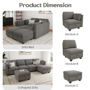 AYEASY Modular Sectional Sofa, U Shaped Sofa Couch with Storage Seats, Sectional Couches for Living Room with Chaise, 6 Seats Convertible Sofa Bed High Supportive with Adjustable Backrest 112", Grey