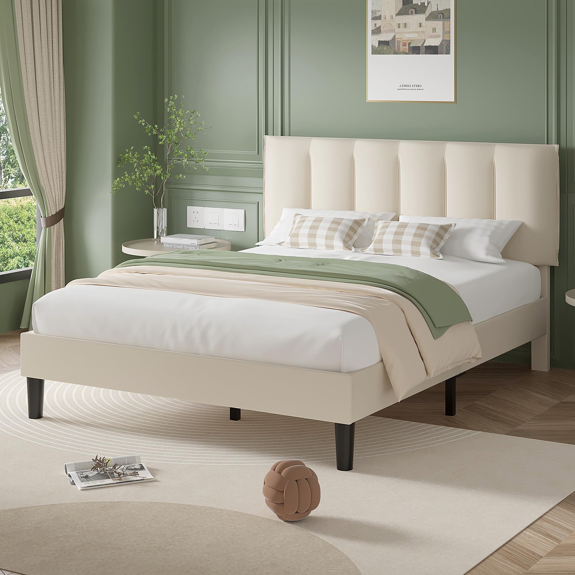 VECELO Full Bed Frame with Upholstered Headboard, Heavy-Duty Platform Bedframe with Strong Wooden Slats Support, No Boxing Spring Needed, Pale Beige