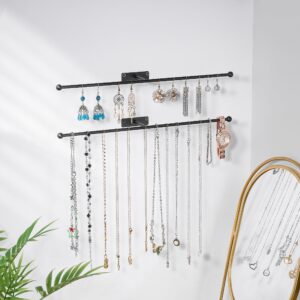 Josmimic Wall Hanging Jewelry Organizer: 13.7'' Necklace Holder for Earring, Bracelet, Rings, Hairband, Glasses, Black 2-Pack, Screws Included