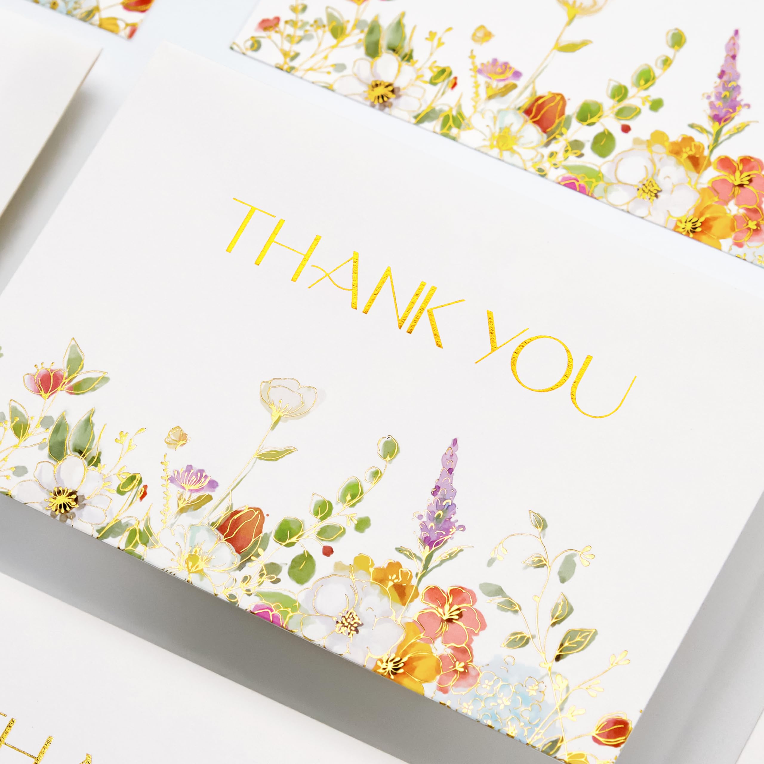 Crisky Gold Foil Wildflower Thank Cards with Envelopes 50 Pack bulk 4x6 Inch Kraft envelopes Flower Greeting Cards with Envelopes For Baby Shower, Wedding, Bridal Shower, Graduation