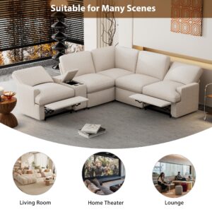 LIANGFU 104''Power Recliner Corner Sofa, Home Theater Reclining Sofa, L Shape Sectional Couches, Sectional Couches with Storage Box, Cup Holders, USB Ports and Power Socket for Living Room (Beige)