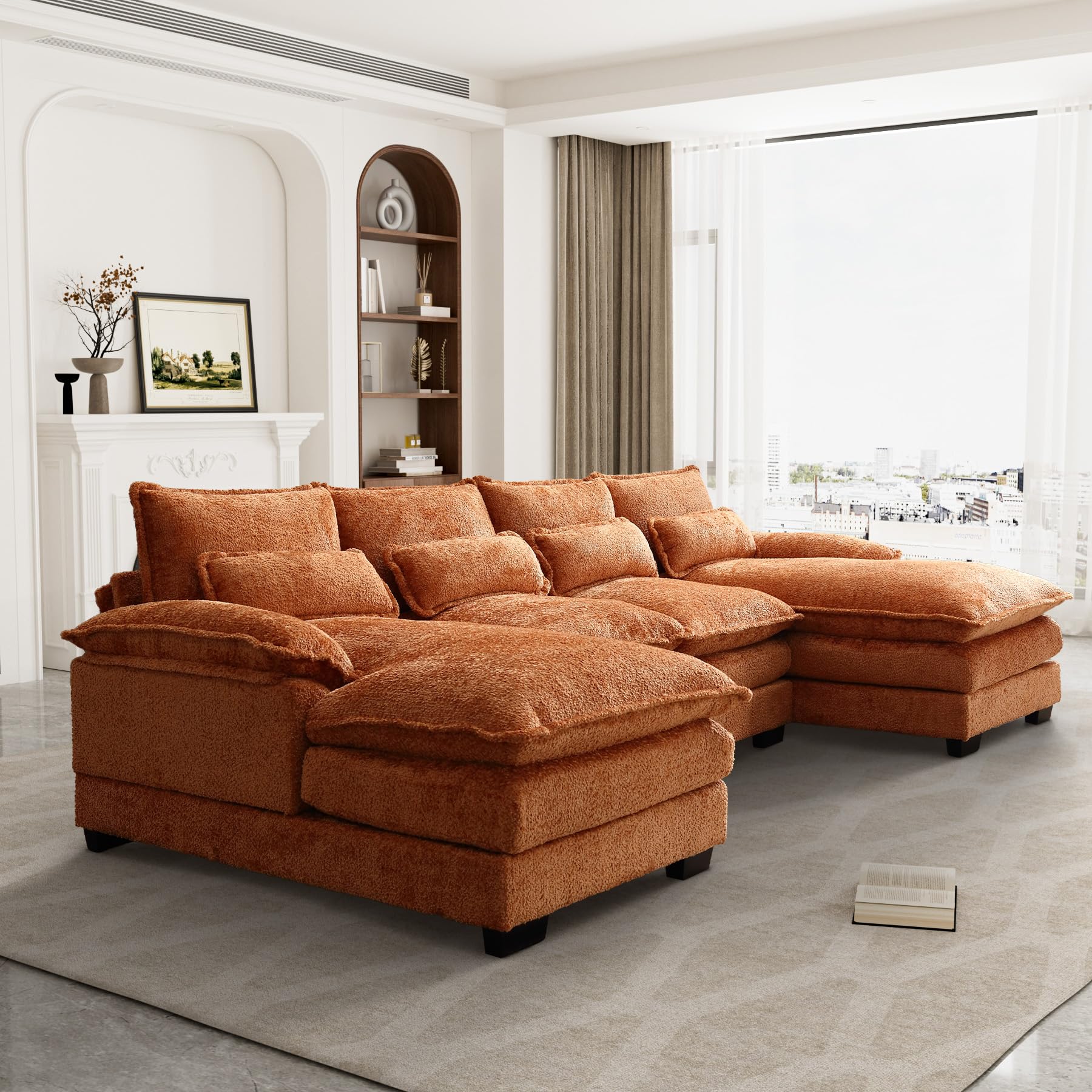 OUYESSIR U Shape Sectional Sofa Cloud Couch, 110" Upholstery Comfy Modular Sofa, 4 Seat Chenille Modern Sleeper Sofa with Double Chaise for Living Room,Orange