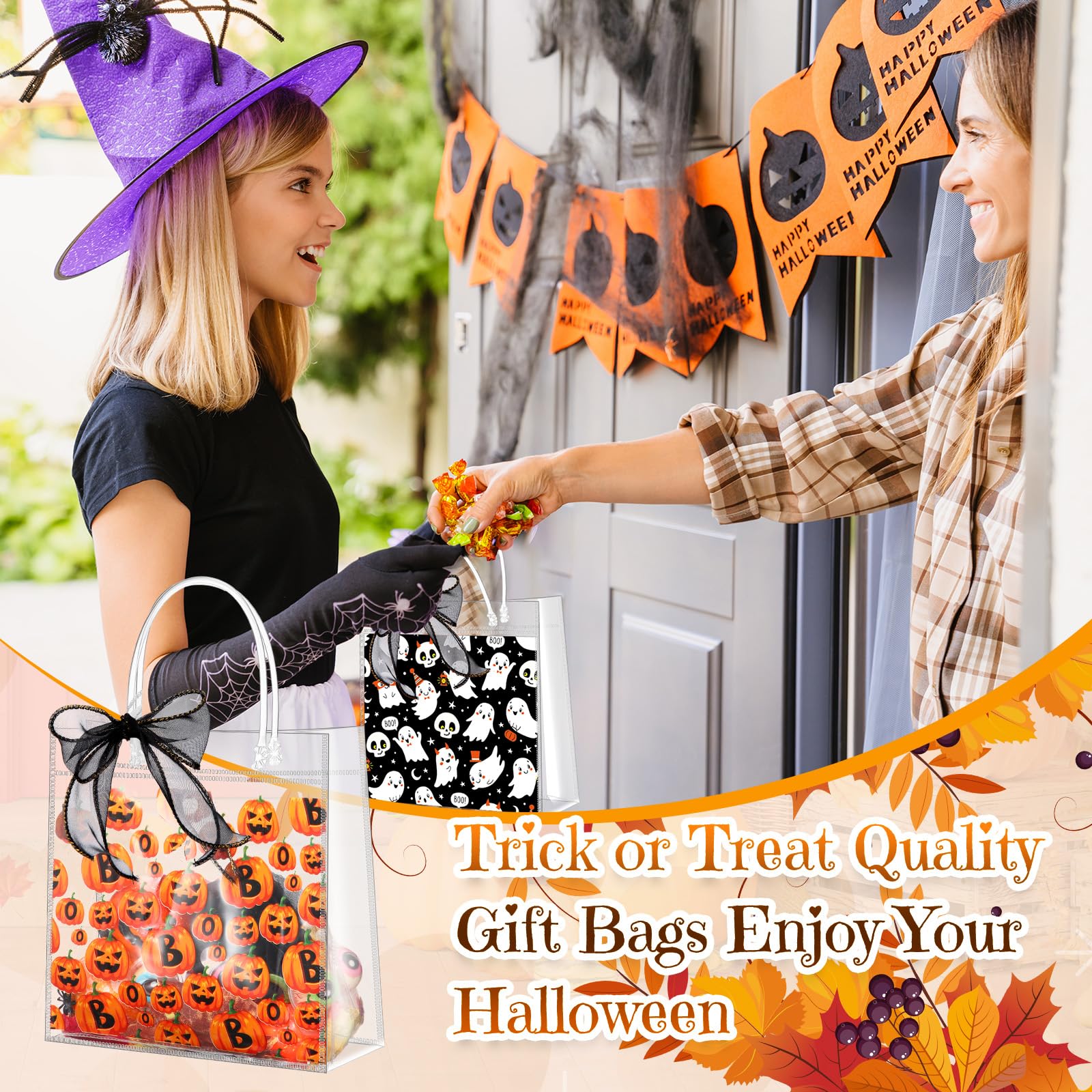 Hosuly 50 Pcs Halloween Clear Gift Bags with Handles Reusable Plastic Halloween Tote Bag Bulk Cute Treat or Trick Bags Pumpkin Boo Ghost Candy Bags with Ribbon for Halloween Party Favors Supplies