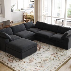 Cloud Modular Sectional Sofa for Livingroom,Large Down Filled Comfort Corner Sectional Sofa Couch with Ottoman,Wide Deep Seat Convertible Couches for Office Apartment,V Shaped,Black