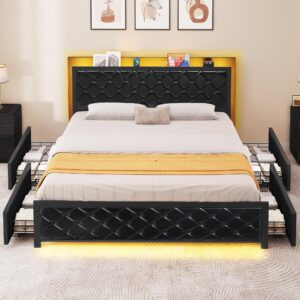 YITAHOME Queen Bed Frame with Headboard & 4 Storage Drawers, Modern Upholstered Faux Leather Platform Bed with RGB LED Lights & USB-C Charging Ports, No Box Spring Needed, Black