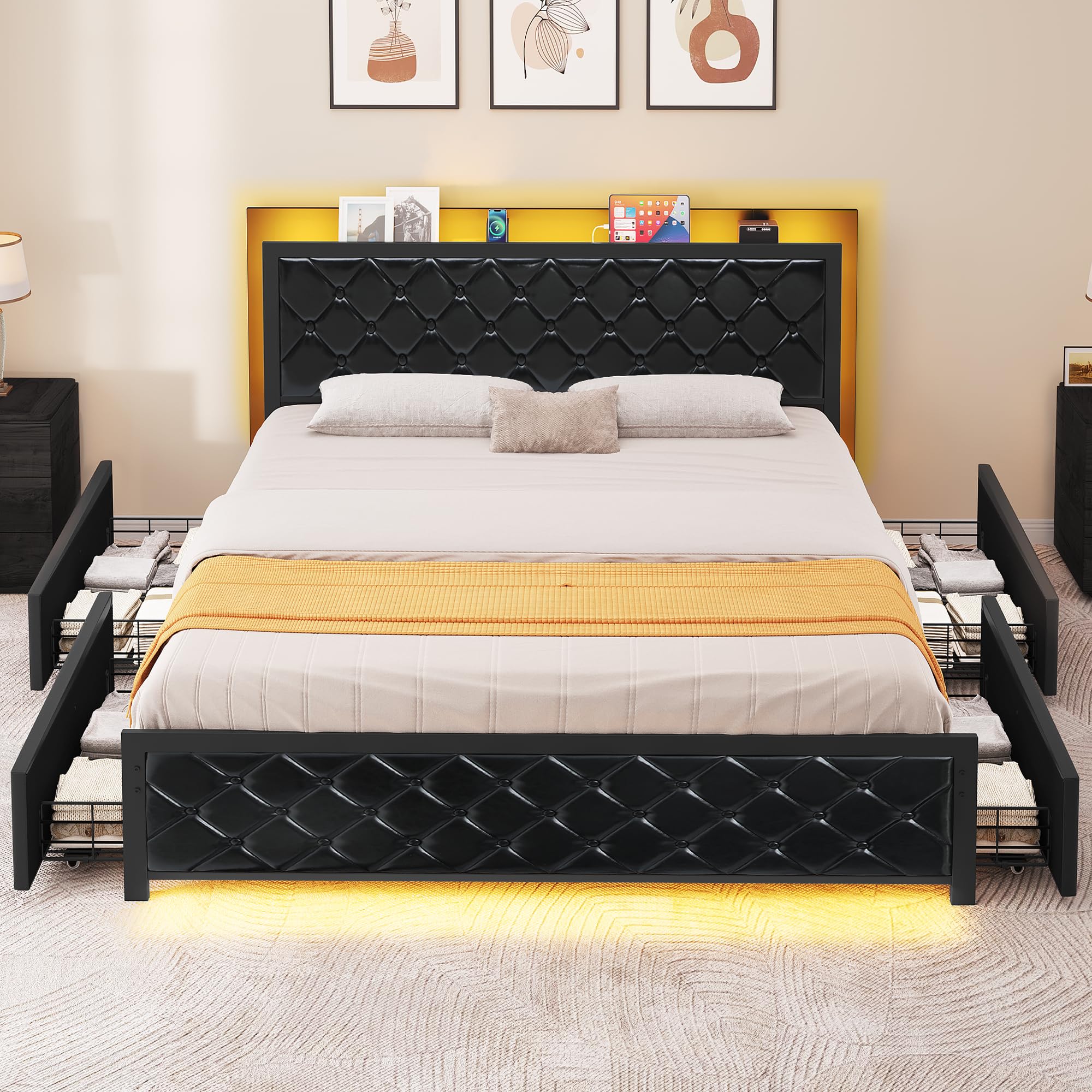 YITAHOME Queen Bed Frame with Headboard & 4 Storage Drawers, Modern Upholstered Faux Leather Platform Bed with RGB LED Lights & USB-C Charging Ports, No Box Spring Needed, Black