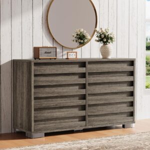 luxoak farmhouse 6 drawers dresser for bedroom, chest of drawers with slat handles & quick install with pre installed slide, 54" rustic tv stand for living room, entryway, rustic grey