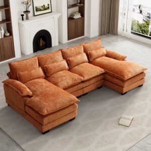 ouyessir u shape sectional sofa cloud couch, 110" upholstery comfy modular sofa, 4 seat chenille modern sleeper sofa with double chaise for living room,orange