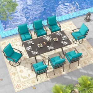 RTDTD 9 Pieces Outdoor Dining Set Patio Dining Table and Chairs Set Outdoor Furniture Set with 1 Rectangular Metal Dining Table with Umbrella Hole, 8 Patio Chairs with Blue Cushions