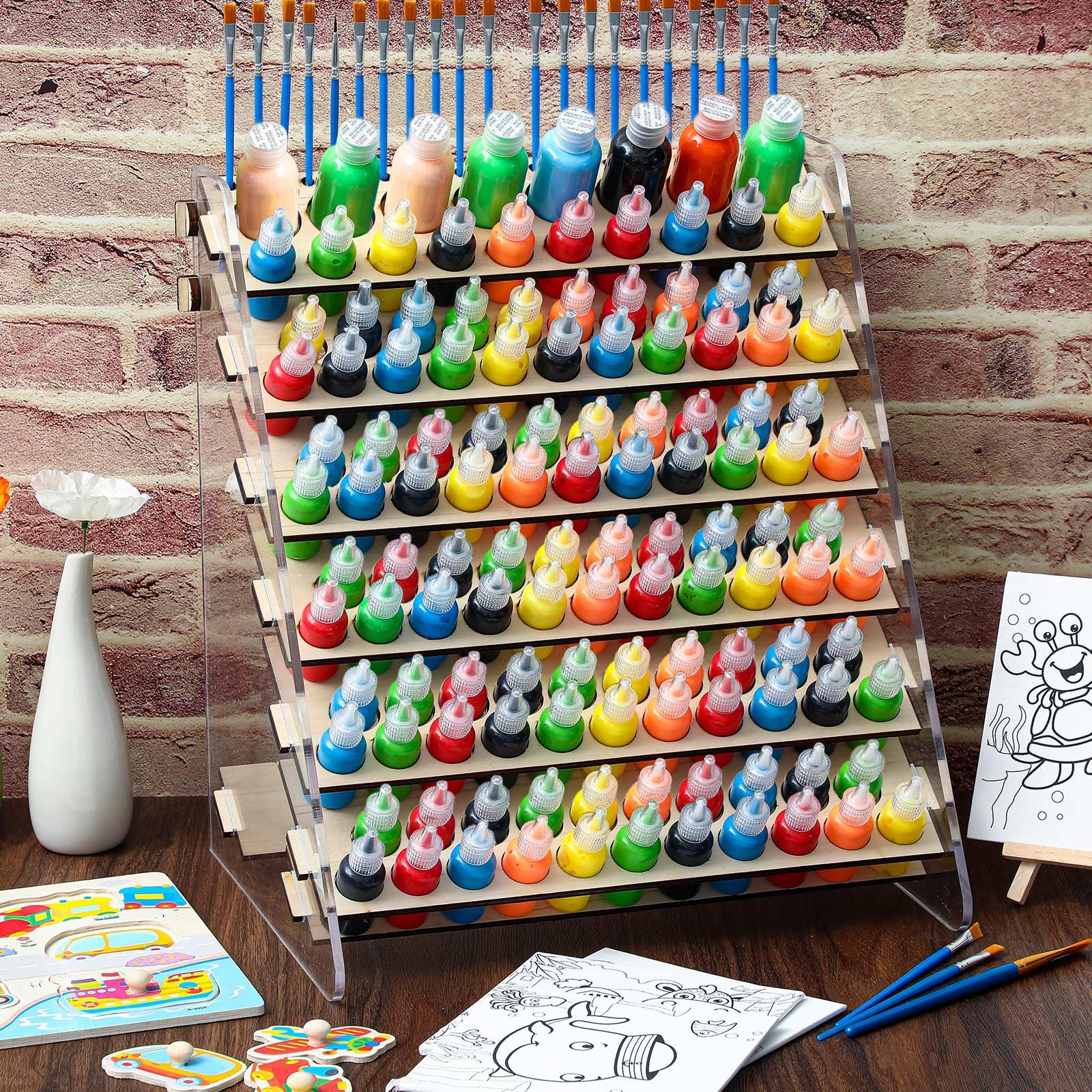 DoubleFill Wooden and Acrylic Paint Organizer Paint Holder Paintbrush Storage Miniature Model Paint Rack Painting Stand Can Hold 123 Bottle & 22 Brush for Christmas Gifts