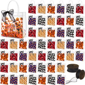 hosuly 50 pcs halloween clear gift bags with handles reusable plastic halloween tote bag bulk cute treat or trick bags pumpkin boo ghost candy bags with ribbon for halloween party favors supplies