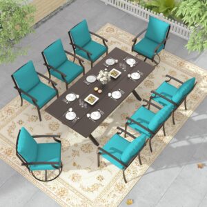 rtdtd 9 pieces outdoor dining set patio dining table and chairs set outdoor furniture set with 1 rectangular metal dining table with umbrella hole, 8 patio chairs with blue cushions