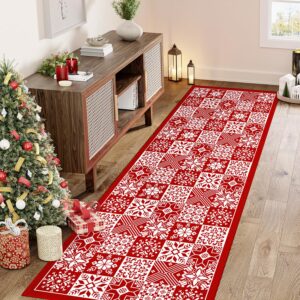 HUGEAR Christmas Area Rug 2x5 Runner Rugs Machine Washable Checkered Christmas Decorative Hallway Rugs Low Pile Carpet Red/White Xmas Non-Slip Indoor Door Mat for Bedroom Kitchen Entryway Bathroom