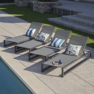 Christopher Knight Home Modesta Outdoor Finished Aluminum Framed Chaise Lounge with Grey Mesh Body (Set of 4), 77 "W x 26.5 "D x 10.5 "H, Black + Gray