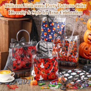 Hosuly 50 Pcs Halloween Clear Gift Bags with Handles Reusable Plastic Halloween Tote Bag Bulk Cute Treat or Trick Bags Pumpkin Boo Ghost Candy Bags with Ribbon for Halloween Party Favors Supplies