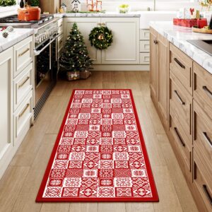 HUGEAR Christmas Area Rug 2x5 Runner Rugs Machine Washable Checkered Christmas Decorative Hallway Rugs Low Pile Carpet Red/White Xmas Non-Slip Indoor Door Mat for Bedroom Kitchen Entryway Bathroom