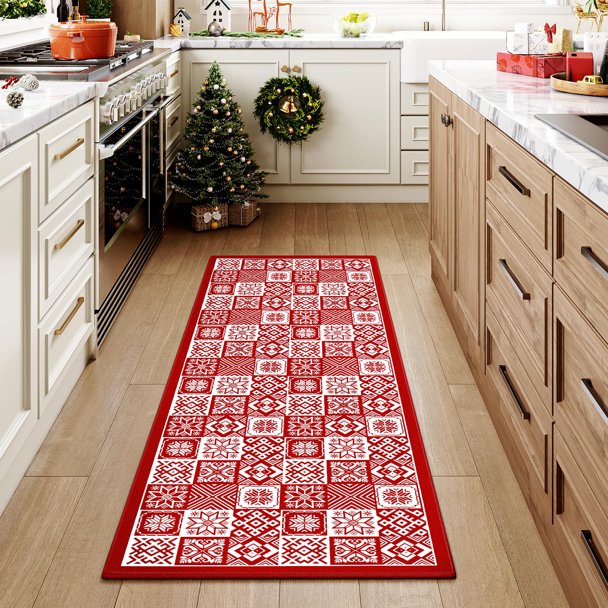 HUGEAR Christmas Area Rug 2x5 Runner Rugs Machine Washable Checkered Christmas Decorative Hallway Rugs Low Pile Carpet Red/White Xmas Non-Slip Indoor Door Mat for Bedroom Kitchen Entryway Bathroom