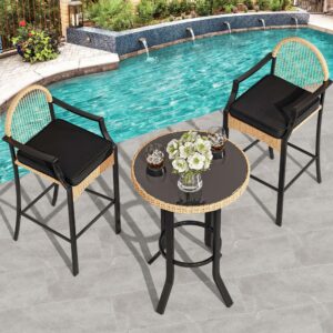 YITAHOME 3-Piece Outdoor Wicker Bar Height Set with Cushioned Barstools, Patio Bistro Furniture for Balcony and Poolside, Black+Light Yellow