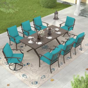 RTDTD 9 Pieces Outdoor Dining Set Patio Dining Table and Chairs Set Outdoor Furniture Set with 1 Rectangular Metal Dining Table with Umbrella Hole, 8 Patio Chairs with Blue Cushions