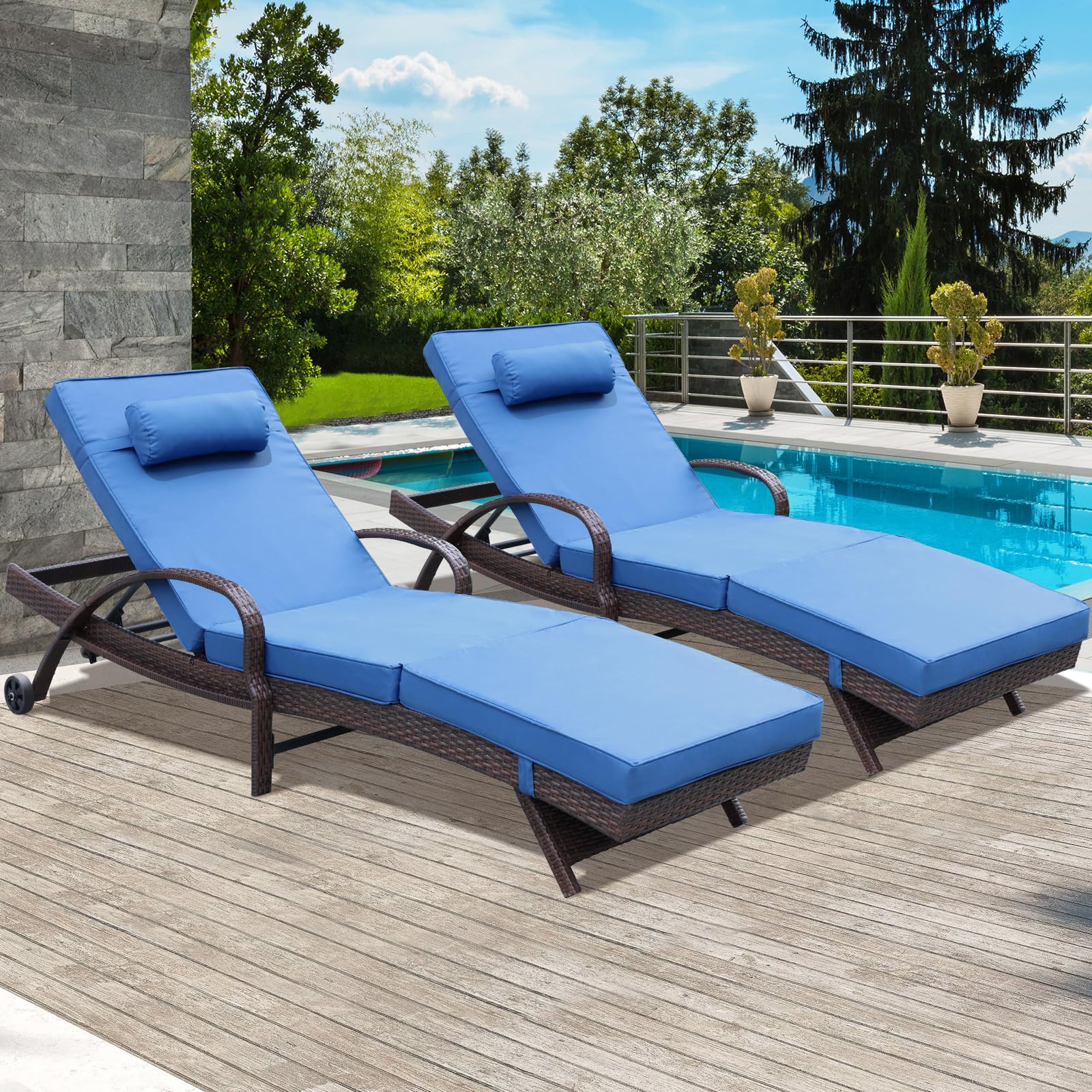 NOBLEMOOD Outdoor Lounge Chairs Set of 2 Beach Wikcer Chaise Lounge with Wheels, Cushion, Adjustable Backrest for Outside Pool Sun Shelf Tanning Bathing (Blue)