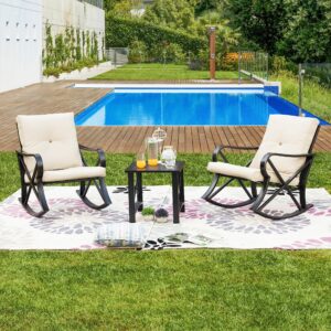 LOKATSE HOME 3 PCS Patio Bistro Furniture Outdoor Conversation Sets with Metal Cushions Rocking Chairs and Coffee Table for Backyard Deck Lawn Garden, Beige