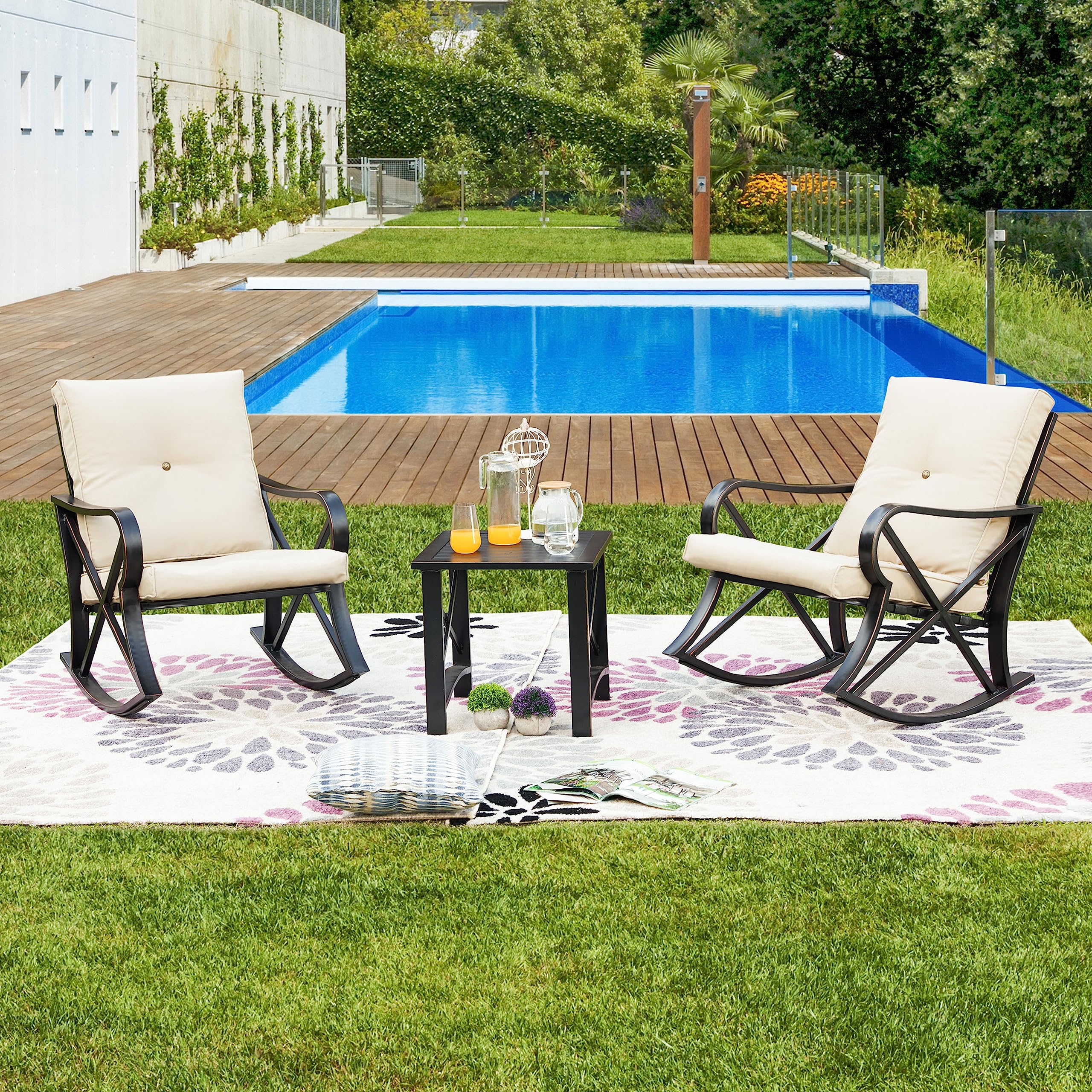 LOKATSE HOME 3 PCS Patio Bistro Furniture Outdoor Conversation Sets with Metal Cushions Rocking Chairs and Coffee Table for Backyard Deck Lawn Garden, Beige