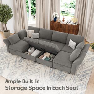 AYEASY Modular Sectional Sofa, U Shaped Sofa Couch with Storage Seats, Sectional Couches for Living Room with Chaise, 6 Seats Convertible Sofa Bed High Supportive with Adjustable Backrest 112", Grey