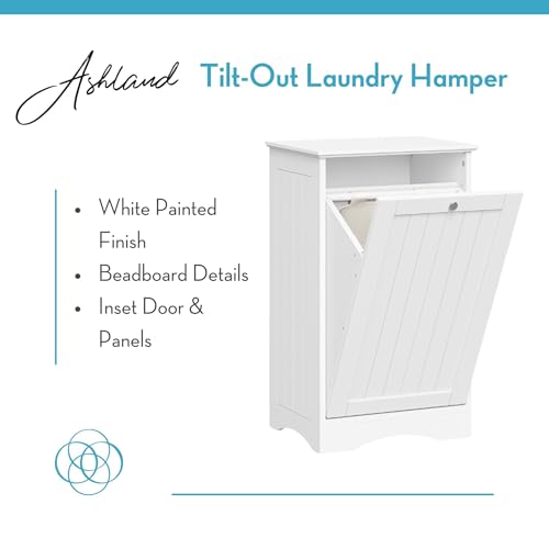 RiverRidge Ashland Tilt Out Laundry Hamper with Beadboard Design - Spacious Top Shelf, Removable Cloth Bag & Silver Knob - White Laundry Cabinet for Towels & Clothes Storage - Laundry Room Cabinets