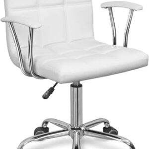 ERGOSEAT Home Office Desk Chair with Armrest and Wheels, Modern PU Leather Mid-Back Office Task Chair, Height Adjustable Swivel Computer Chairs for Home Office, White