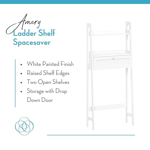 RiverRidge Amery Wall Shelf Over-The-Toilet Storage - 3-Tier Wall Mounted Shelf with Open Shelves and Drop-Down Compartment - White Bathroom Organizer for Toiletries, Linens, and Décor