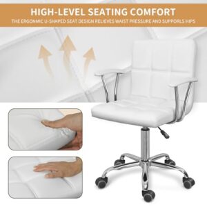 ERGOSEAT Home Office Desk Chair with Armrest and Wheels, Modern PU Leather Mid-Back Office Task Chair, Height Adjustable Swivel Computer Chairs for Home Office, White